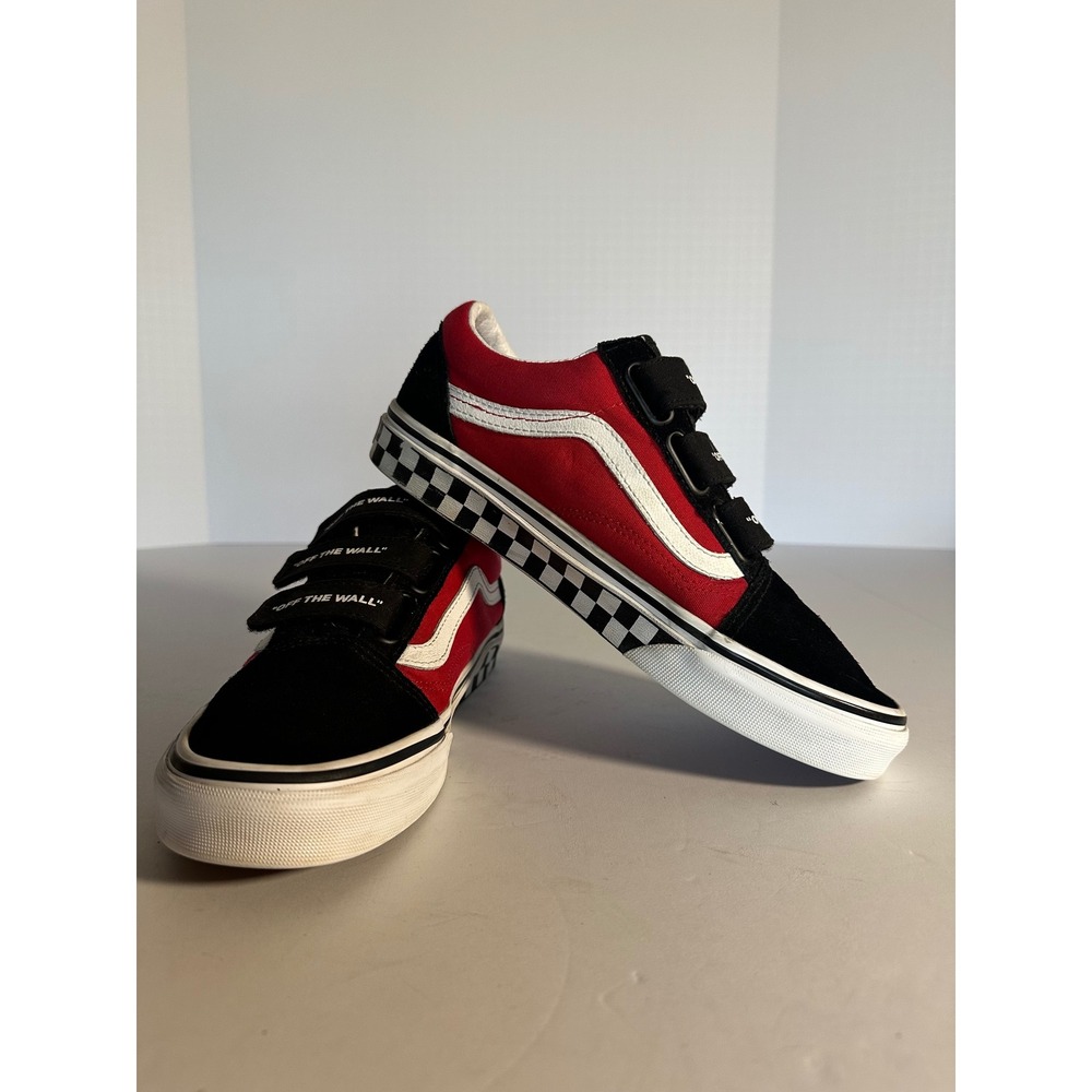 Vans Old Skool V Kids Red Black Checkerboard Hook and Loop Sneakers